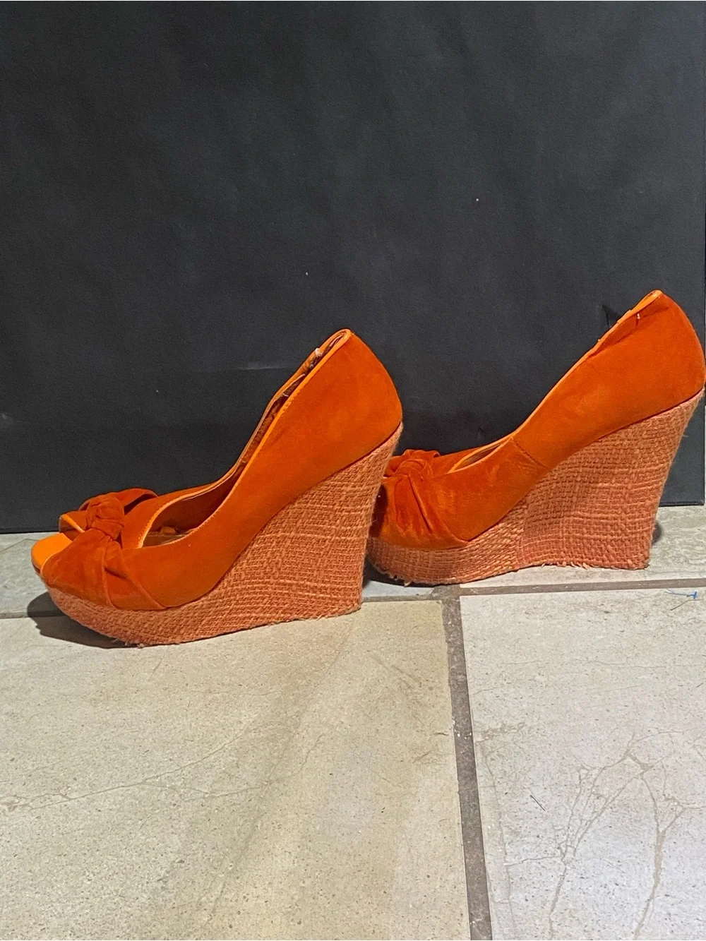 Styluxe Bright Orange Suede Peep-Toe Platform Wedges with Bow-Tie Front